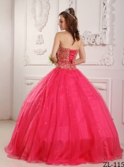 Sweetheart Ball Gown Beading Satin and Organza Hot Pink Lace-up