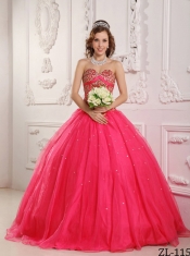 Sweetheart Ball Gown Beading Satin and Organza Hot Pink Lace-up