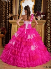 Sweetheart Ball Gown Beadings and Ruffles Hot Pink and White One Shoulder 2014 Spring Quinceanera Dresses