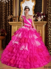Sweetheart Ball Gown Beadings and Ruffles Hot Pink and White One Shoulder 2014 Spring Quinceanera Dresses