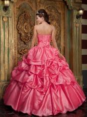 Sweetheart Ball Gown Beadings Coral Red Taffta Tulle Appliques Spring Quinceanera Dresses