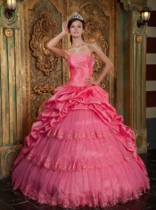Sweetheart Ball Gown Beadings Coral Red Taffta Tulle Appliques Spring Quinceanera Dresses