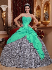 Sweetheart Ball Gown Beadings Hand Made Flower Taffeta and Zebra Best Quiceanera Dresses Apple Green