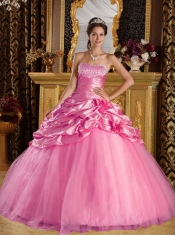 Sweetheart Ball Gown Beadings Taffeta/Tulle Rose Pink  2014 Spring Quinceanera Dresses