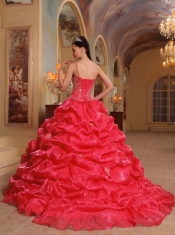 Sweetheart Ball Gown Embroidery Coral Red Spaghetti Straps Lace-up Organza Spring Quinceanera Dresses