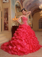 Sweetheart Ball Gown Embroidery Coral Red Spaghetti Straps Lace-up Organza Spring Quinceanera Dresses