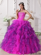 Sweetheart Ball Gown Fuchsia Embroidery and Ruffles Satin and Organza Spring Quinceanera Dresses