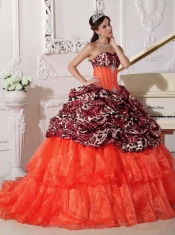 Sweetheart Ball Gown Orange Red Leopard and Organza  Appliques and Beadings Spring Quinceanera Dresses