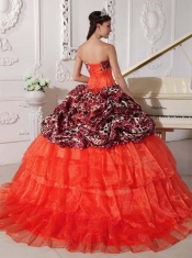 Sweetheart Ball Gown Orange Red Leopard and Organza  Appliques and Beadings Spring Quinceanera Dresses