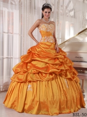 Sweetheart Ball Gown Taffeta Appliques and Ruching Orange Spring Quinceanera Dresses 2014