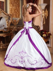 Sweetheart Ball Gowns White and Purple Embroidery Satin Best Quinceanera Dresses