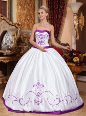 Sweetheart Ball Gowns White and Purple Embroidery Satin Best Quinceanera Dresses