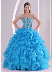 Sweetheart Beading and Ruffles Aqua Blue Best Quinceanera Dresses Organza Sweetheart