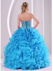 Sweetheart Beading and Ruffles Aqua Blue Best Quinceanera Dresses Organza Sweetheart