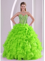 Sweetheart Beading and Ruffles Ball Gown Lace-up Organza Spring Quinceanera Dresses 2014