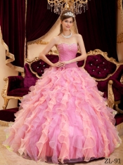 Sweetheart Beading and Ruffles Organza Rose Pink Lace-up Spring Quinceanera Dresses 2014