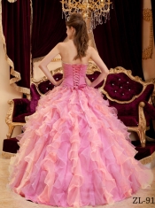 Sweetheart Beading and Ruffles Organza Rose Pink Lace-up Spring Quinceanera Dresses 2014