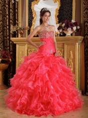Sweetheart Beadings and Organza Red Ball Gown Spring Quinceanera Dresses 2014