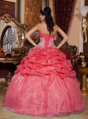 Sweetheart Beadings Ball Gown Embroidery Taffeta Appliques Organza Coral Red Pick-ups Best Quinceanera Dresses