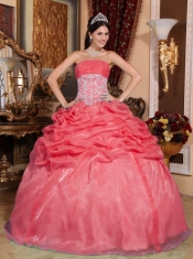 Sweetheart Beadings Ball Gown Embroidery Taffeta Appliques Organza Coral Red Pick-ups Best Quinceanera Dresses
