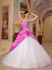 Sweetheart Beadings Hand Made Flower Taffeta Tulle Hot Pink and White Best Quinceanera Dresses