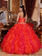 Sweetheart Beadings Hot Pink Organza Appliques Beadings Ruffles Ball Gown Spring Quinceanera Dresses