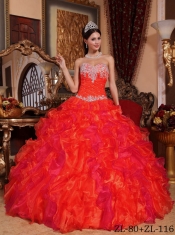 Sweetheart Beadings Hot Pink Organza Appliques Beadings Ruffles Ball Gown Spring Quinceanera Dresses