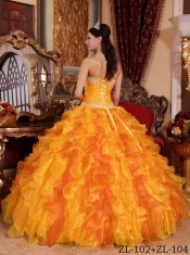 Sweetheart Beadings Organza Golden Ball Gown Appliques Ruffles Best Quinceanera Dresses