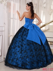 Sweetheart Blue and Black Floor-length Tulle and Taffeta Lace For Sweet 16 Dresses