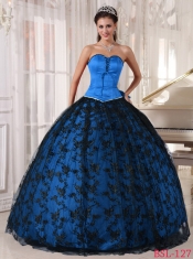 Sweetheart Blue and Black Floor-length Tulle and Taffeta Lace For Sweet 16 Dresses