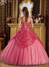 Sweetheart Coral Red Ball Gown Sequined and Tulle Lace-up Hand Made Flower