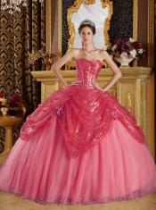 Sweetheart Coral Red Ball Gown Sequined and Tulle Lace-up Hand Made Flower