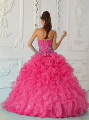 Sweetheart Embroidery and Beadings Hot Pink Satin and Organza Ball Gown 2014 Spring Quinceanera Dresses