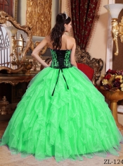 Sweetheart Embroidery with Beading Beautiful Quinceanera Dressin Spring Green and Black