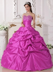 Sweetheart Floor-length Taffeta Beading And Rush Pink Ball Gown Beautiful Quinceanera Dress For 2014