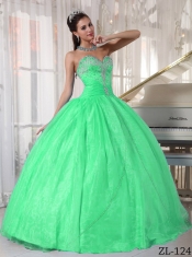 Sweetheart Green Floor-length Ball Gown Taffeta and Organza Appliques Discount Quinceanera Dresses