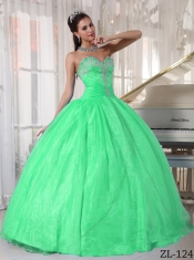 Sweetheart Green Floor-length  Ball Gown  Taffeta and Organza Appliques Discount Quinceanera Dresses