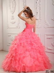 Sweetheart Hot Pink Beadings and Hand Made Flower Watermelon Lace-up Spring Quinceanera Dresses