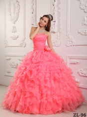 Sweetheart Hot Pink Beadings and Hand Made Flower Watermelon Lace-up Spring Quinceanera Dresses