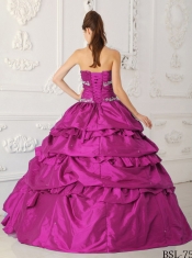 Sweetheart Lace-up Taffeta Appliques Beadings   Fuchsia Best Quinceanera Dresses Appliques