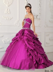 Sweetheart Lace-up Taffeta Appliques Beadings Fuchsia Best Quinceanera Dresses Appliques