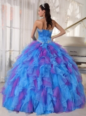 Sweetheart Muti-color Beading and Ruffles Hand Made Flower Organza Spring Quinceanera Dresses