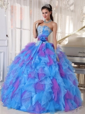 Sweetheart Muti-color Beading and Ruffles Hand Made Flower Organza Spring Quinceanera Dresses
