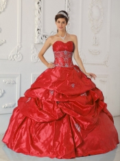 Sweetheart Pick-ups Ball Gown Taffeta Red Appliques  Best Quinceanera Dresses