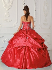 Sweetheart Pick-ups Ball Gown Taffeta Red Appliques  Best Quinceanera Dresses