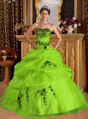 Sweetheart Quinceaneara Dresses Satin and Organza Yellow Green Embroidery Ball Gown