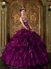 Sweetheart Ruffles Eggplant Purple Ball Gown Organza 2014 Quinceanera Dresses Strapless Lace-up
