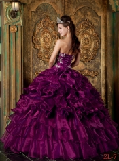 Sweetheart Ruffles Eggplant Purple Ball Gown Organza 2014 Quinceanera Dresses Strapless Lace-up