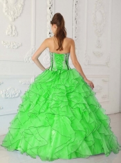 Sweetheart Ruffles Spring Green Organza Appliques Ball Gown 2014 Spring Quinceanera Dresses