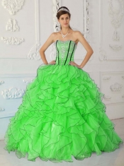 Sweetheart Ruffles Spring Green Organza Appliques Ball Gown 2014 Spring Quinceanera Dresses
